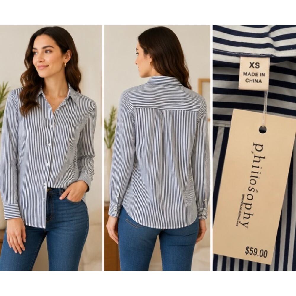 NWT Philosophy Navy White Striped Button Shirt XS-S-XL Collared